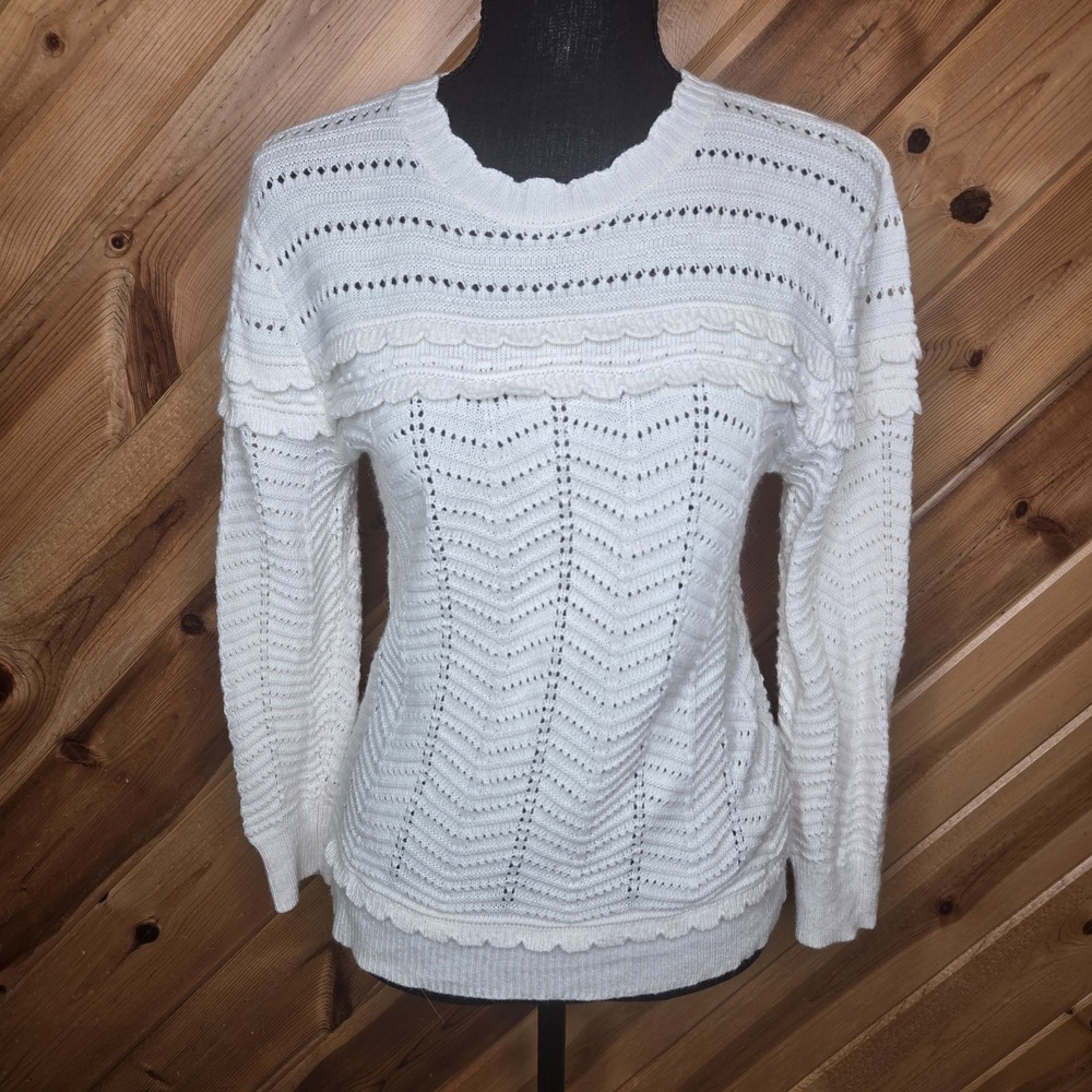 J Crew Womens Crew Neck Scalloped Pointelle Sweater Sz S Ivory Wool Blend - Picture 3 of 9